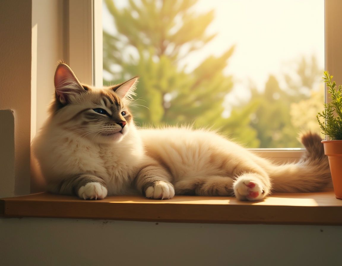 Relaxed cat lies on a sunlit windowsill, its fur glowing in the soft afternoon light. A small potted plant sits nearby, and the blurred background reveals trees outside.